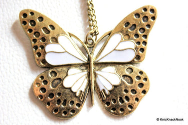 1 x Retro Bronze Tone White Butterfly Pendant 6cm x 5cm